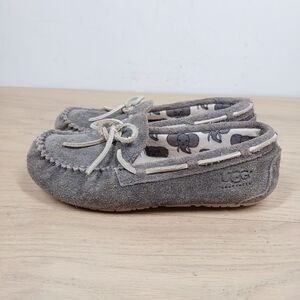UGG Slippers Kids 2 Gray Leather Moccasin Fleece Lined Warm Cozy Shoes 1698